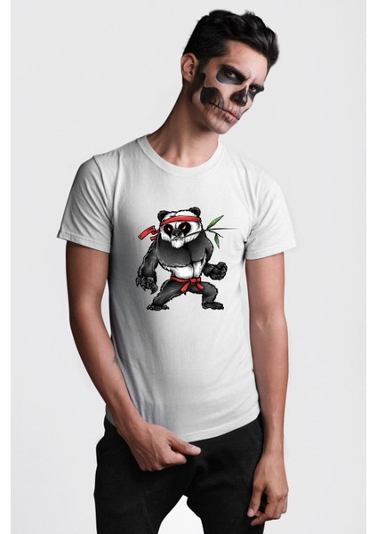 Kung Fu Ustası Savaşçı Panda Kadın Erkek Ön Baskılı Beyaz Pamuklu Tişört Penye Klasik fırsatları
