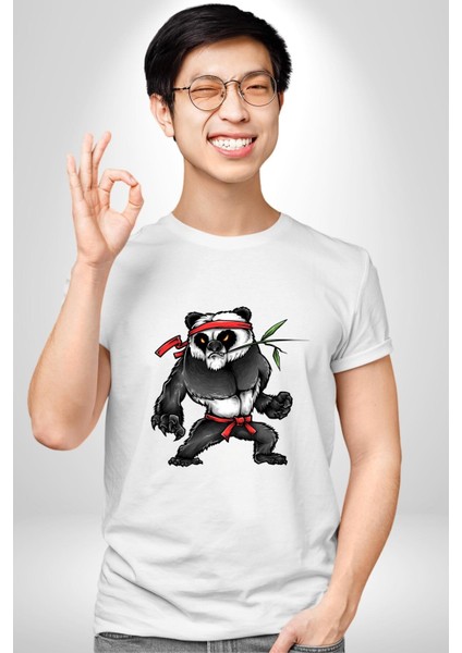 Kung Fu Ustası Savaşçı Panda Kadın Erkek Ön Baskılı Beyaz Pamuklu Tişört Penye Klasik indirimleri