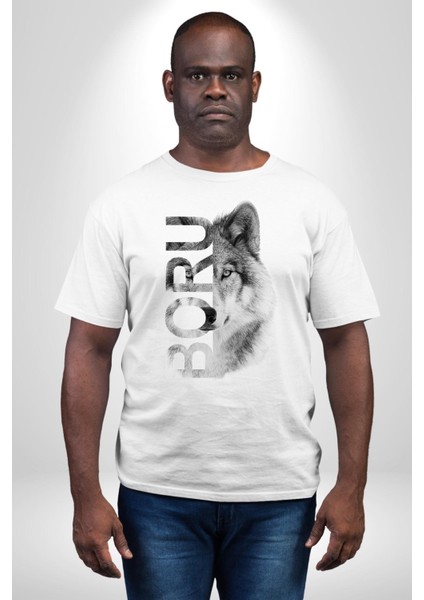 Asker Kurt Börü Kadın Erkek Ön Baskılı Beyaz Pamuklu Tişört Penye Klasik fırsatları