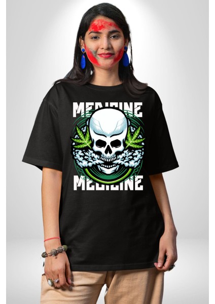 Ölü Cadılar Bayramı Kurukafa Kadın Erkek Ön Baskılı Siyah Pamuklu Tişört Penye Klasik modelleri