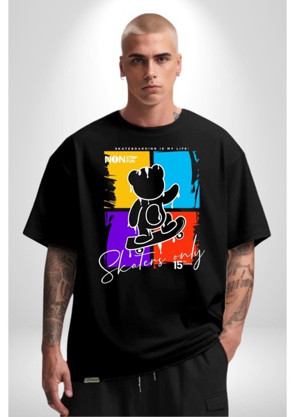 Rengarenk Kaykaylı Oyuncak Ayı Kadın Erkek Ön Baskılı Siyah Pamuklu Tişört Penye Klasik