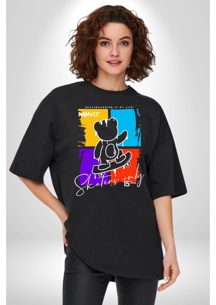 Rengarenk Kaykaylı Oyuncak Ayı Kadın Erkek Ön Baskılı Siyah Pamuklu Tişört Penye Klasik fiyatları