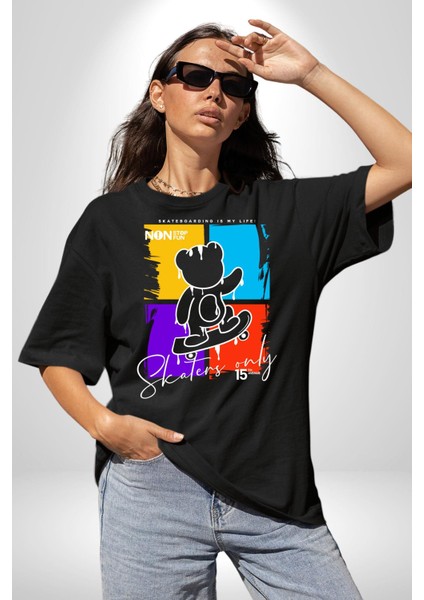 Rengarenk Kaykaylı Oyuncak Ayı Kadın Erkek Ön Baskılı Siyah Pamuklu Tişört Penye Klasik fırsatları