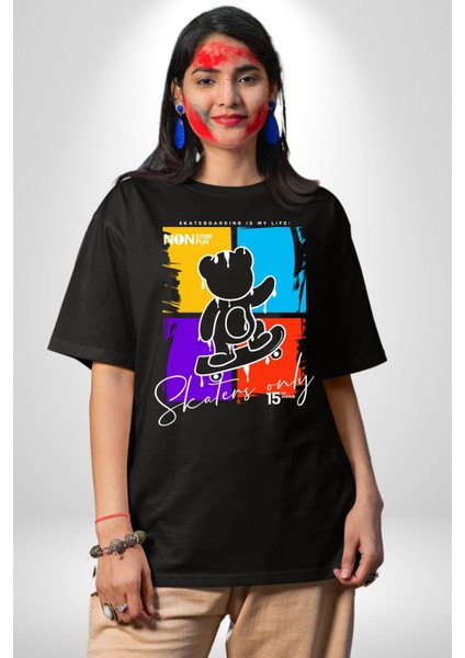 Rengarenk Kaykaylı Oyuncak Ayı Kadın Erkek Ön Baskılı Siyah Pamuklu Tişört Penye Klasik indirimleri