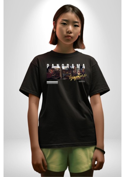 Panorama Imzası Orta Çağ Kadın Erkek Ön Baskılı Siyah Pamuklu Tişört Penye Klasik fiyatları