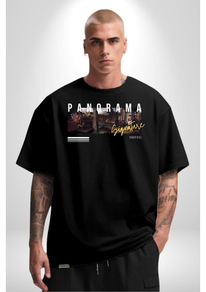 Panorama Imzası Orta Çağ Kadın Erkek Ön Baskılı Siyah Pamuklu Tişört Penye Klasik modelleri