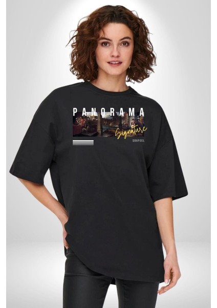 Panorama Imzası Orta Çağ Kadın Erkek Ön Baskılı Siyah Pamuklu Tişört Penye Klasik fırsatları