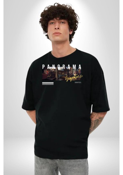 Panorama Imzası Orta Çağ Kadın Erkek Ön Baskılı Siyah Pamuklu Tişört Penye Klasik indirimleri