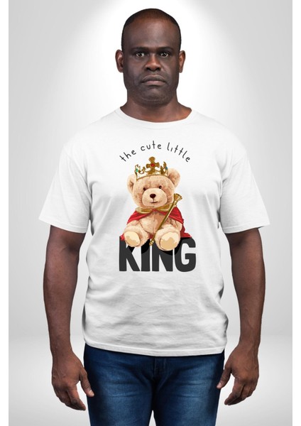 Kral Taçlı Oyuncak Ayı Kadın Erkek Ön Baskılı Beyaz Pamuklu Tişört Penye Klasik