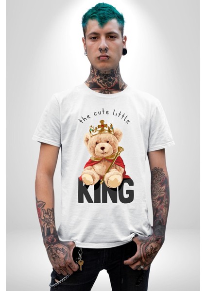 Kral Taçlı Oyuncak Ayı Kadın Erkek Ön Baskılı Beyaz Pamuklu Tişört Penye Klasik fiyatları