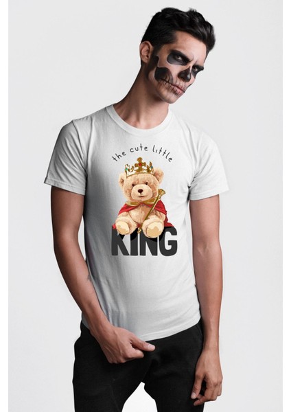 Kral Taçlı Oyuncak Ayı Kadın Erkek Ön Baskılı Beyaz Pamuklu Tişört Penye Klasik modelleri