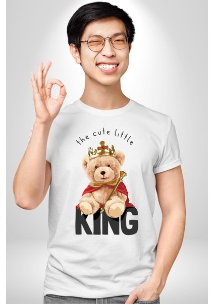 Kral Taçlı Oyuncak Ayı Kadın Erkek Ön Baskılı Beyaz Pamuklu Tişört Penye Klasik fırsatları