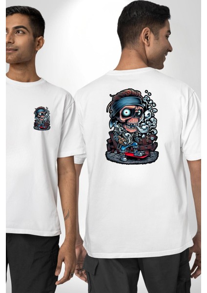 Kaykay Süren Iskelet Adam Kadın Erkek Ön Minimal Sırt Baskılı Beyaz Pamuklu Tişört