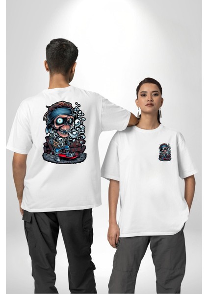 Kaykay Süren Iskelet Adam Kadın Erkek Ön Minimal Sırt Baskılı Beyaz Pamuklu Tişört fırsatları