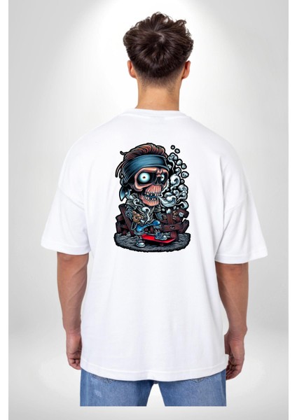 Kaykay Süren Iskelet Adam Kadın Erkek Ön Minimal Sırt Baskılı Beyaz Pamuklu Tişört indirimleri