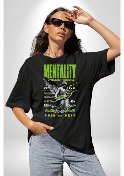 Zihniyet Yunan Kadın Kanatlı Heykel Kadın Erkek Ön Baskılı Siyah Pamuklu Tişört Penye Klasik