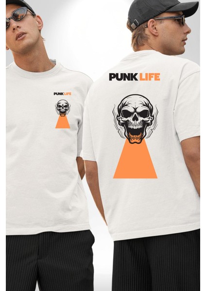 Punk Hayatı Kuru Kafa Kadın Erkek Ön Minimal Sırt Baskılı Beyaz Pamuklu Tişört