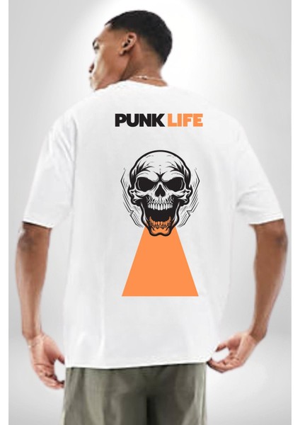 Punk Hayatı Kuru Kafa Kadın Erkek Ön Minimal Sırt Baskılı Beyaz Pamuklu Tişört fiyatları