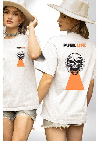 Punk Hayatı Kuru Kafa Kadın Erkek Ön Minimal Sırt Baskılı Beyaz Pamuklu Tişört fırsatları