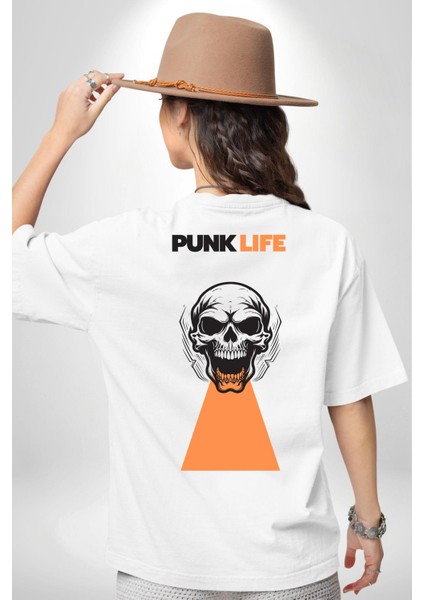 Punk Hayatı Kuru Kafa Kadın Erkek Ön Minimal Sırt Baskılı Beyaz Pamuklu Tişört indirimleri