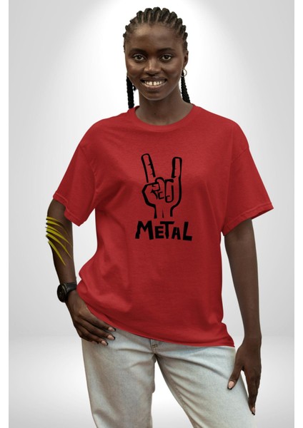 Metal El Hareketi Kadın Erkek Ön Baskılı Kırmızı Pamuklu Tişört Penye Klasik fırsatları