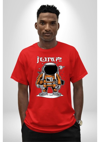 Uzay Basketbolcusu Astronot Kadın Erkek Ön Baskılı Kırmızı Pamuklu Tişört Penye Klasik