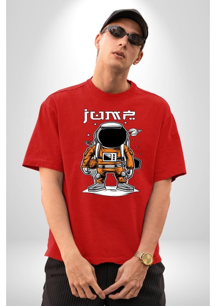 Uzay Basketbolcusu Astronot Kadın Erkek Ön Baskılı Kırmızı Pamuklu Tişört Penye Klasik modelleri
