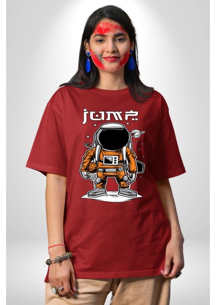 Uzay Basketbolcusu Astronot Kadın Erkek Ön Baskılı Kırmızı Pamuklu Tişört Penye Klasik fırsatları