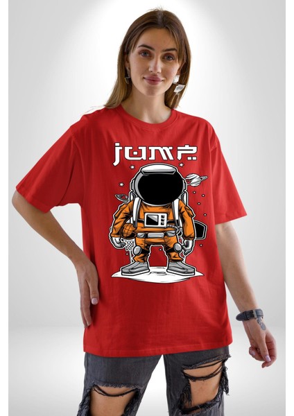 Uzay Basketbolcusu Astronot Kadın Erkek Ön Baskılı Kırmızı Pamuklu Tişört Penye Klasik indirimleri
