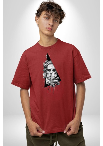 Kuru Kafa Heykel Üçgen Sanatsal Kadın Erkek Ön Baskılı Kırmızı Pamuklu Tişört Penye Klasik fırsatları