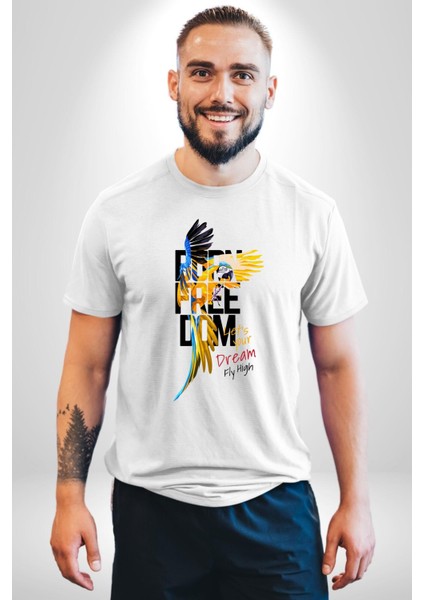 Doğuştan Özgürlük Papağan Yaz Stili Kadın Erkek Ön Baskılı Beyaz Pamuklu Tişört Penye Klasik fiyatları