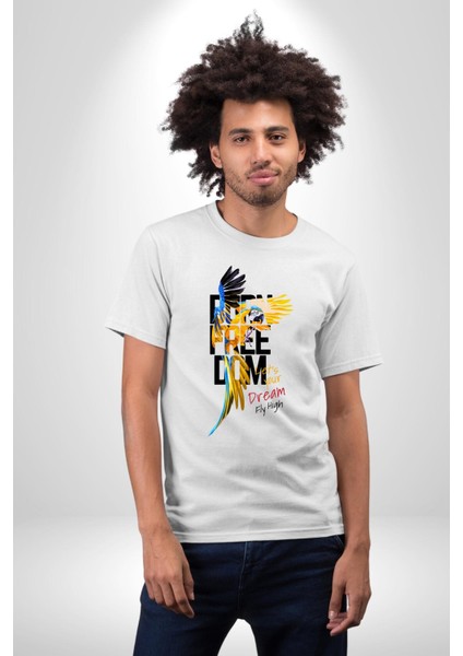 Doğuştan Özgürlük Papağan Yaz Stili Kadın Erkek Ön Baskılı Beyaz Pamuklu Tişört Penye Klasik modelleri