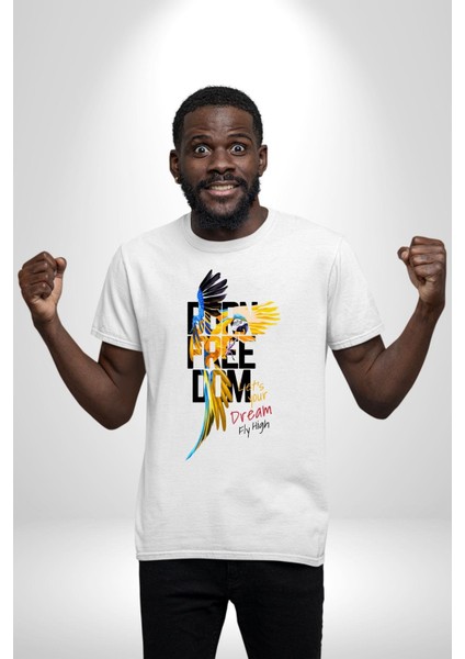 Doğuştan Özgürlük Papağan Yaz Stili Kadın Erkek Ön Baskılı Beyaz Pamuklu Tişört Penye Klasik fırsatları