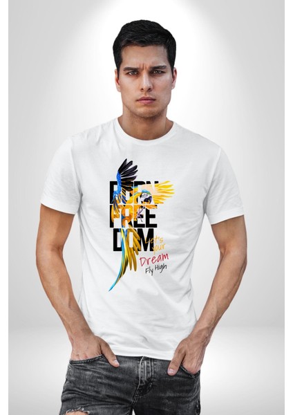 Doğuştan Özgürlük Papağan Yaz Stili Kadın Erkek Ön Baskılı Beyaz Pamuklu Tişört Penye Klasik indirimleri