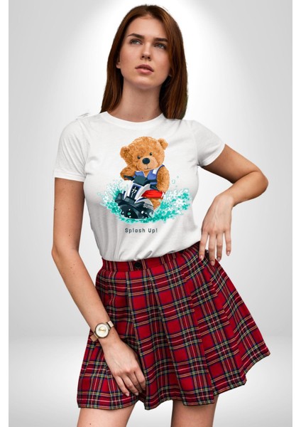 Jetski Süren Oyuncak Ayı Kadın Erkek Ön Baskılı Beyaz Pamuklu Tişört Penye Klasik fiyatları