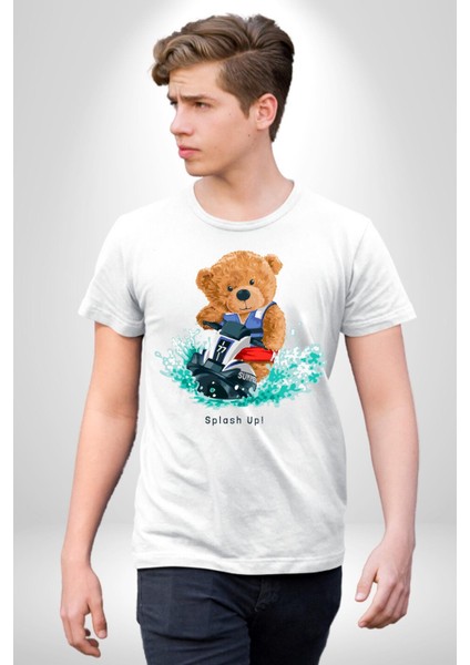 Jetski Süren Oyuncak Ayı Kadın Erkek Ön Baskılı Beyaz Pamuklu Tişört Penye Klasik indirimleri