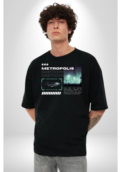 Büyük Şehir Ufo Sokak Tasarımı Kadın Erkek Ön Baskılı Siyah Pamuklu Tişört Penye Klasik modelleri