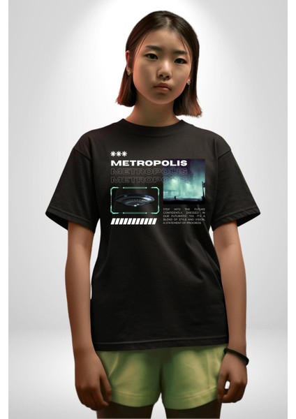 Büyük Şehir Ufo Sokak Tasarımı Kadın Erkek Ön Baskılı Siyah Pamuklu Tişört Penye Klasik fırsatları