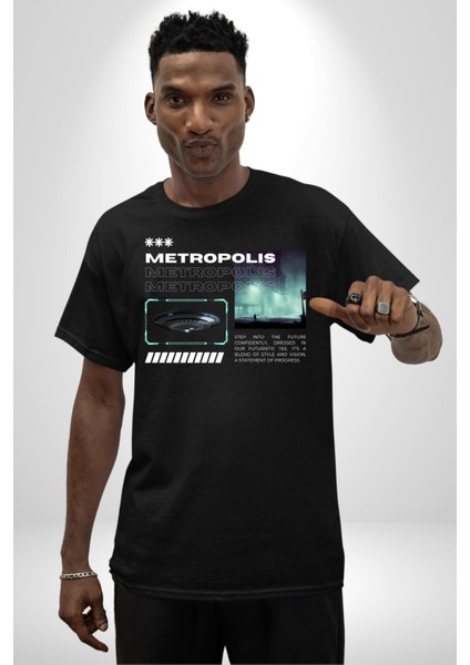 Büyük Şehir Ufo Sokak Tasarımı Kadın Erkek Ön Baskılı Siyah Pamuklu Tişört Penye Klasik indirimleri