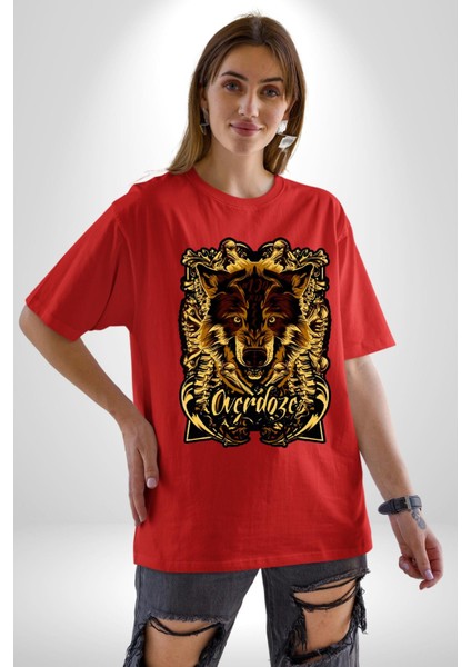 Overdoze Kurt Kemik Kadın Erkek Ön Baskılı Kırmızı Pamuklu Tişört Penye Klasik