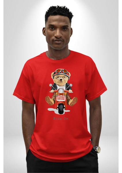 Motor Süren Oyuncak Ayı Kadın Erkek Ön Baskılı Kırmızı Pamuklu Tişört Penye Klasik fiyatları