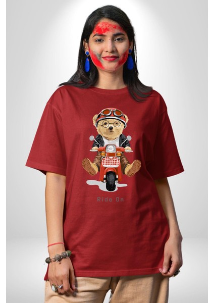 Motor Süren Oyuncak Ayı Kadın Erkek Ön Baskılı Kırmızı Pamuklu Tişört Penye Klasik indirimleri