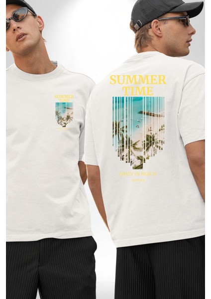 Yaz Zamanında Plaj Keyfi Kadın Erkek Ön Minimal Sırt Baskılı Beyaz Pamuklu Tişört