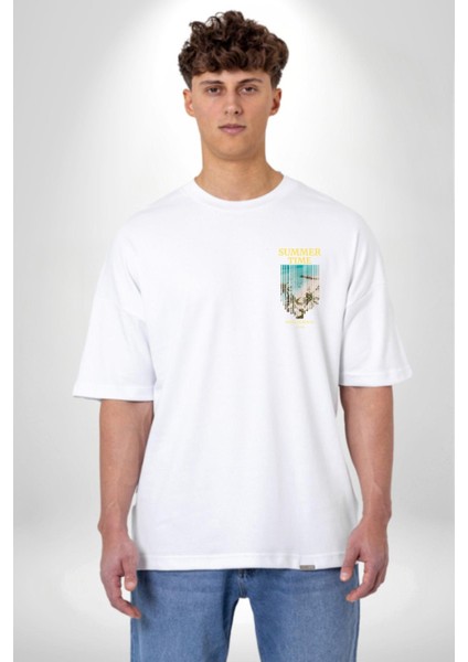 Yaz Zamanında Plaj Keyfi Kadın Erkek Ön Minimal Sırt Baskılı Beyaz Pamuklu Tişört modelleri