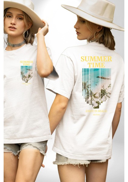 Yaz Zamanında Plaj Keyfi Kadın Erkek Ön Minimal Sırt Baskılı Beyaz Pamuklu Tişört fırsatları