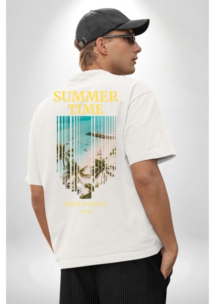 Yaz Zamanında Plaj Keyfi Kadın Erkek Ön Minimal Sırt Baskılı Beyaz Pamuklu Tişört indirimleri