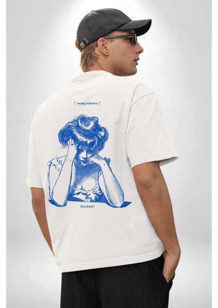 Hayal Gücü Kara Kalem Kadın Erkek Ön Minimal Sırt Baskılı Beyaz Pamuklu Tişört fiyatları