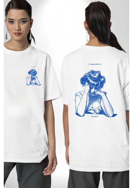 Hayal Gücü Kara Kalem Kadın Erkek Ön Minimal Sırt Baskılı Beyaz Pamuklu Tişört fırsatları