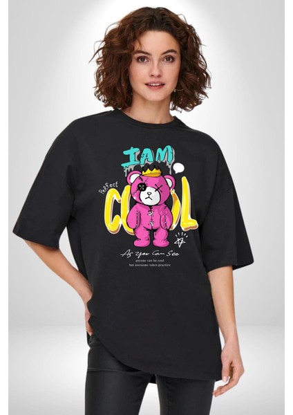 Ben Havalıyım Oyuncak Ayı Kadın Erkek Ön Baskılı Siyah Pamuklu Tişört Penye Klasik