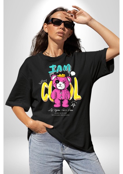 Ben Havalıyım Oyuncak Ayı Kadın Erkek Ön Baskılı Siyah Pamuklu Tişört Penye Klasik modelleri